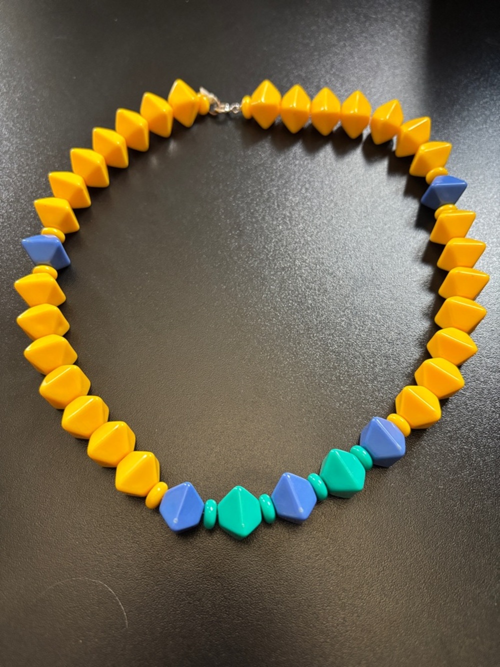 Bold Yellow Geometric Bead Necklace with Blue & Teal Accents